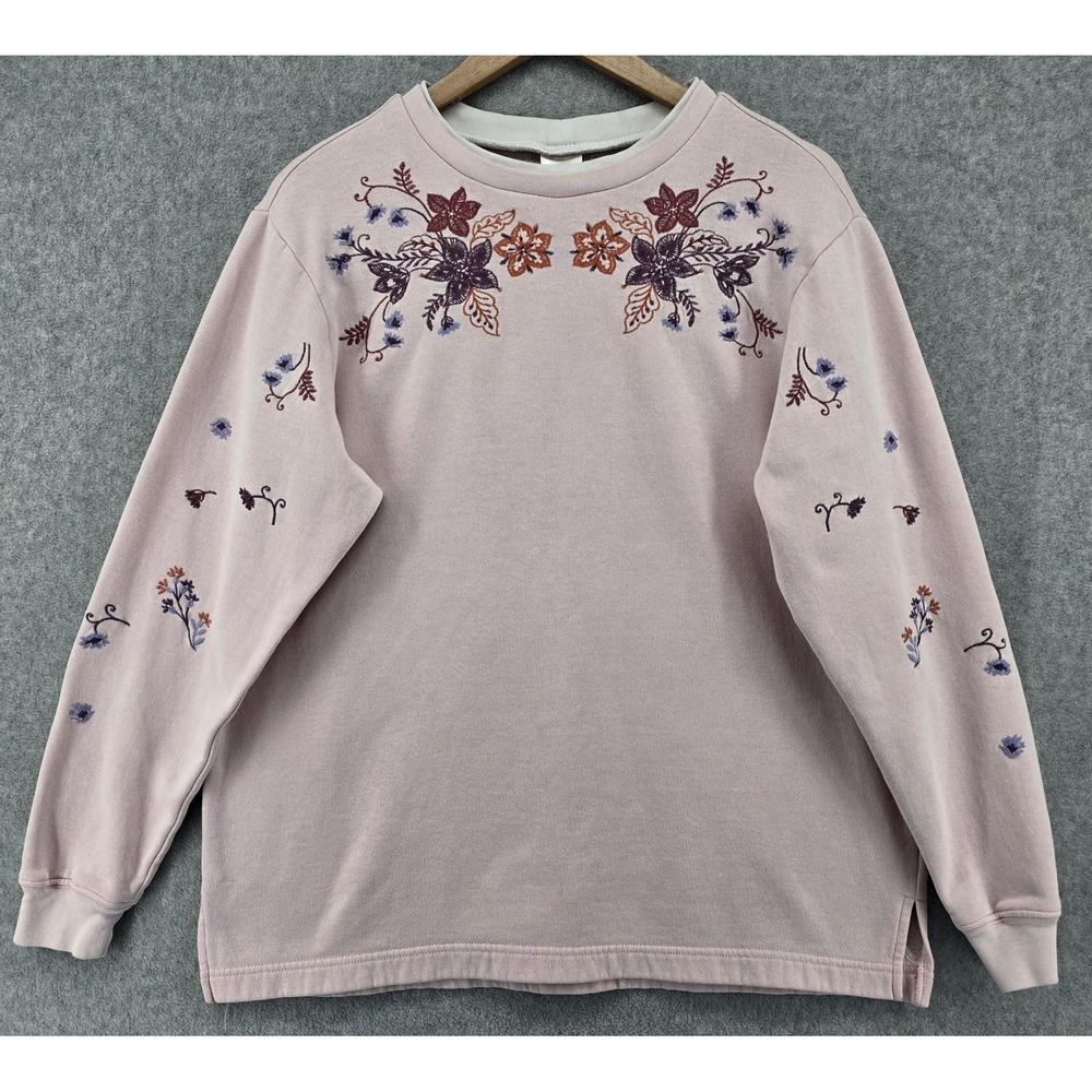 Vtg 90s BLAIR Floral Embroidered Sweatshirt Sz M Pink Double‎ Collar Grandma
